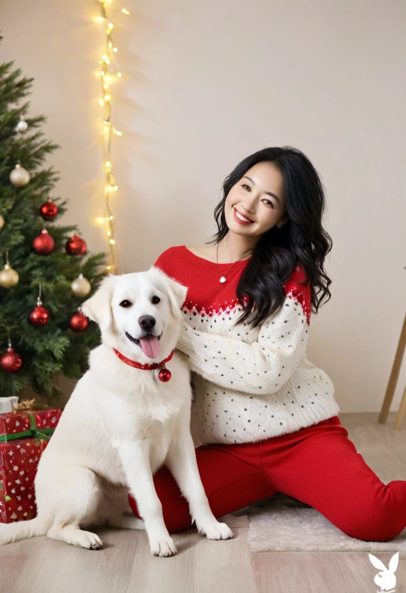 Create an image of a cozy indoor Christmas scene featuring a decorated tree with colorful ornaments and lights, stockings hung up beside it, and a lit miniature Christmas tree. Include an individual in festive attire sitting next to a white dog in front of this holiday backdrop. Girl: She is wearing a festive red top, which adds to the holiday spirit. She has a warm and cheerful expression, reflecting the joy of the Christmas season. Her hair is styled neatly, and she is seated comfortably, enjoying the cozy atmosphere. Dog: The dog is a white, fluffy breed, possibly a small to medium-sized dog. It is sitting calmly beside the girl, adding a touch of warmth and companionship to the scene. The dog looks content and relaxed, perfectly fitting into the festive setting.