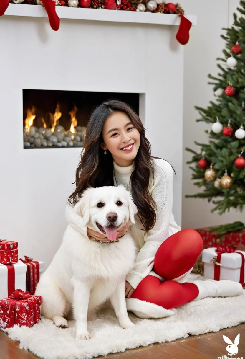 Create an image of a cozy indoor Christmas scene featuring a decorated tree with colorful ornaments and lights, stockings hung up beside it, and a lit miniature Christmas tree. Include an individual in festive attire sitting next to a white dog in front of this holiday backdrop. Girl: She is wearing a festive red top, which adds to the holiday spirit. She has a warm and cheerful expression, reflecting the joy of the Christmas season. Her hair is styled neatly, and she is seated comfortably, enjoying the cozy atmosphere. Dog: The dog is a white, fluffy breed, possibly a small to medium-sized dog. It is sitting calmly beside the girl, adding a touch of warmth and companionship to the scene. The dog looks content and relaxed, perfectly fitting into the festive setting.