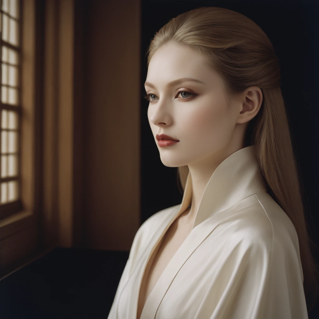Photograph by Serge Lutens (1.8), pale skin, ((evil slavic woman)), long dark blond hair, in profile, wide angle dim atmosphere, dark atmosphere, stunning, modern, dark, clean, artsy indoor surrounding, casting a dreamlike atmosphere eyes reflect some light, Shiseido-style Vogue-Style 1990s style and setting Various gentle half body poses and angles Consistent facial and body features Photorealistic and highly detailed Artistic and evocative High-quality finish Ensuring vibrant, detailed features Technical details: wide angle lens Selective focus with Kodak film effect: 1.2 Shallow depths of field