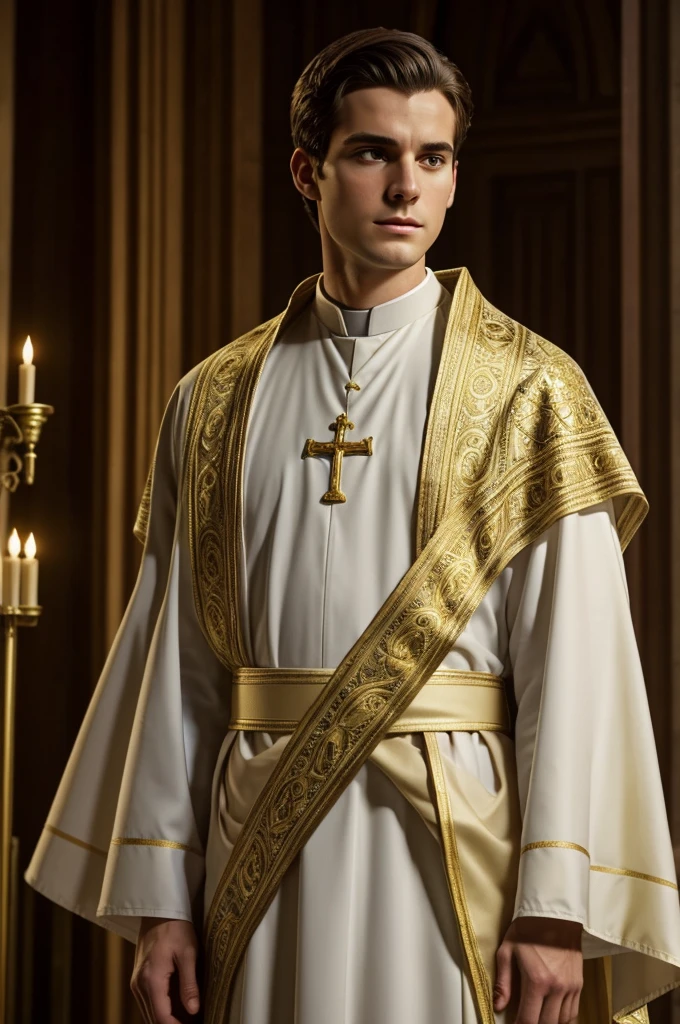 A young Catholic priest, 24 years old. He has medium length, light brown hair and innocent green eyes. He is clean shaved and handsome. He is of European northern Spanish decent. He is wearing a white and gold chasuble. He looks pensive. Despite his innocent looks, he has a very dark side. Photorealistic. Perfect face. Slender body, 5 feet, 9 inches tall and 150lbs. Cinematic lighting. Purity.