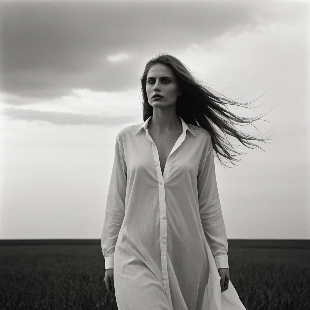 (dark mood masterpiece Photography by Mario Giacomelli:1.2), evil slavic woman, pale skin, long dark blond hair, Stunning b&w 35mm full body photo of a beautiful, perfecteyes, dark circles under eyes, highly detailed skin, (lightest freckles:0.9), standing in a casual pose with her hands on her nipples. wearing (wide-open:1.34) white_silk_shirt. unbuttoned shirt. (nipslip:1.4). a loose-fitting oversized men's unbuttoned shirt, open white business shirt. intricate poses by ruth bernhard. (Photography and style by ruth bernhard). 35mm, Hasselblad. capturing fashion-forward visuals, creating visual impact,evoking emotion,pushing creative boundaries. golden hour, shot from the side, playful pose, god rays,artistic photoshoot