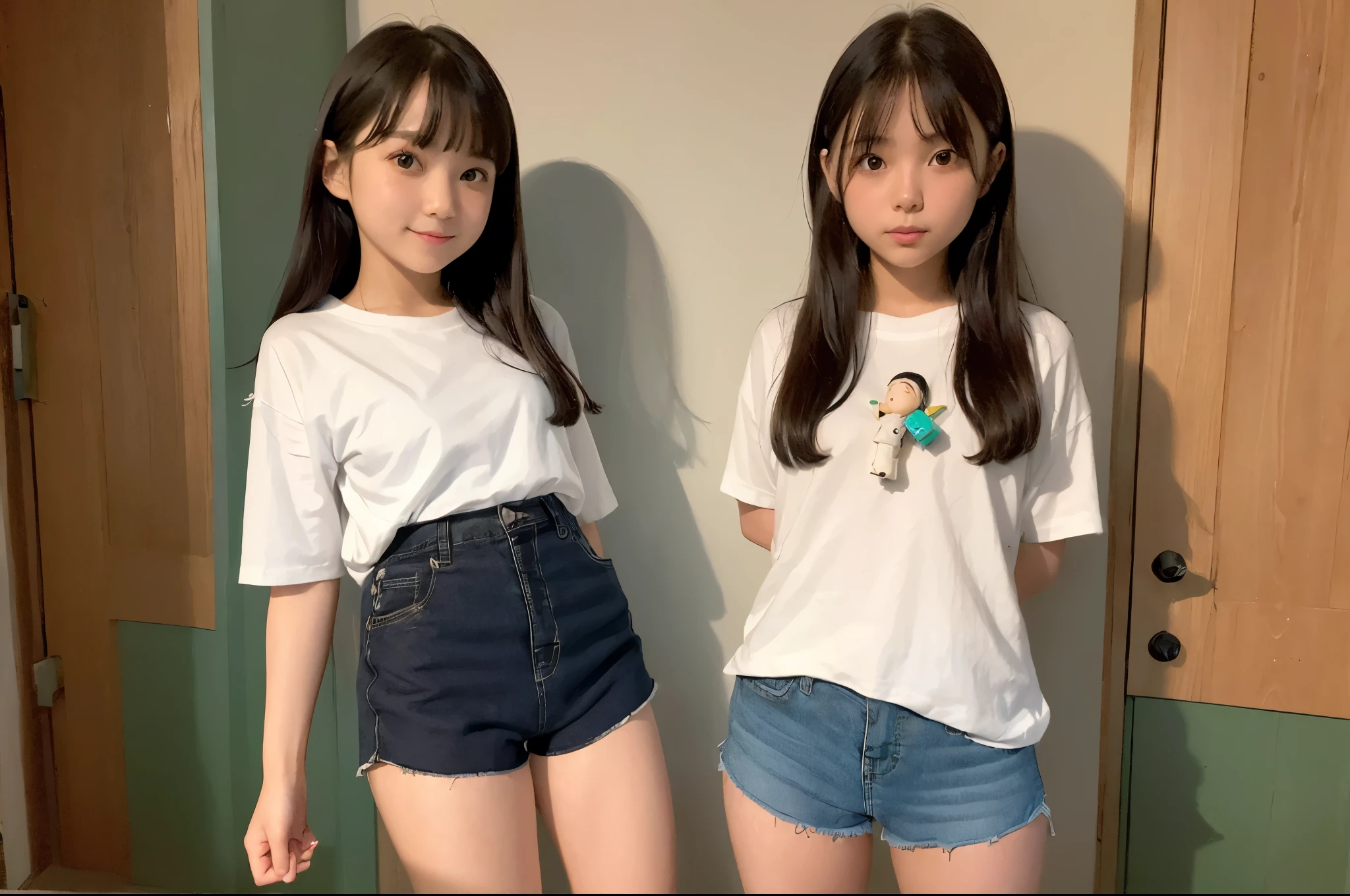 (Two Girls:1.4)、(PlainTshirt and shorts:1.4)、(Holding a Kokeshi doll in one's hand:1.5)、(Highest quality、8K、32k、masterpiece)、(smile:1.5)、Japanese、、Very cute girl、beautiful girl、Bathroom、Glowing Skin、Blurred Background、Shooting from below、Cowboy Shot、