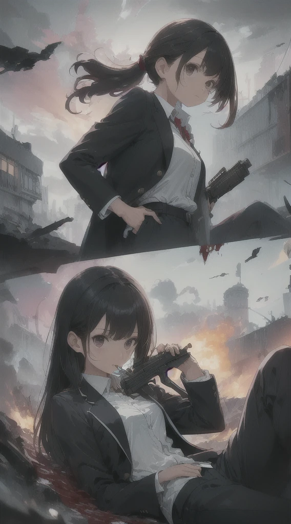 Highest quality, movie quality, scene on the verge of death, ruins, smoking, blood, coat, man (35 years old, tsuntsun head, black hair, coat in a suit, holding a gun in hand, lying on back), rain, fog