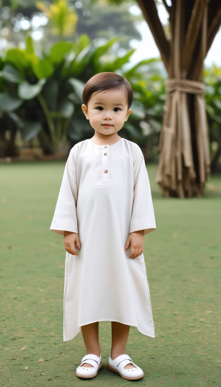 make a daughter about , height 78 cm, short crew cut hair, wearing a long-sleeved, walnut-colored caftan, wear white shoes, full body, Indonesian children, portrait view