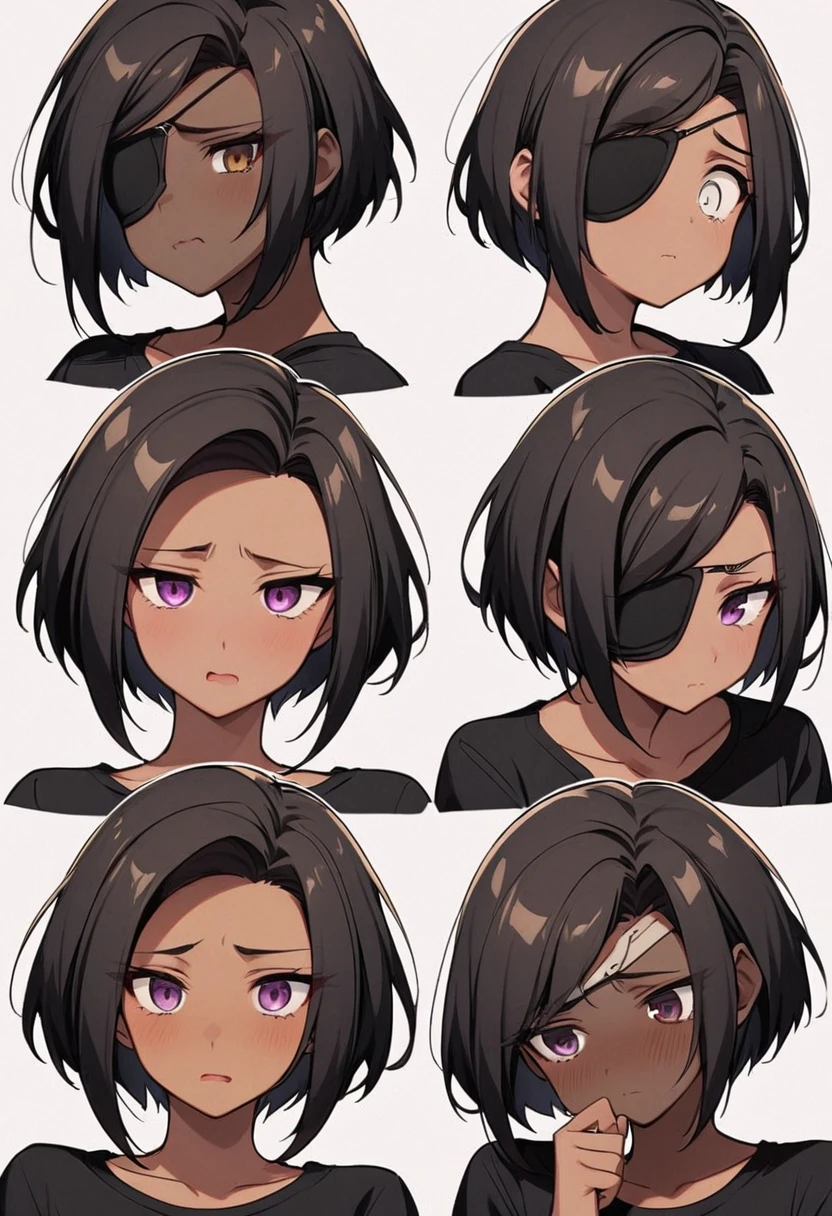 Dark-skinned girl，Shy, shy，Medusa style，short hair，黑色short hair，Wearing an eye patch，Natural expression