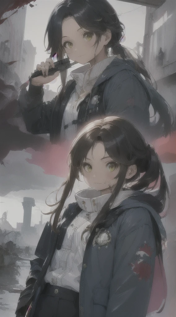 Highest quality, movie quality, scene on the verge of death, ruins, smoking, blood, coat, man (35 years old, tsuntsun head, black hair, coat in a suit, holding a gun in hand, lying on back), rain, fog