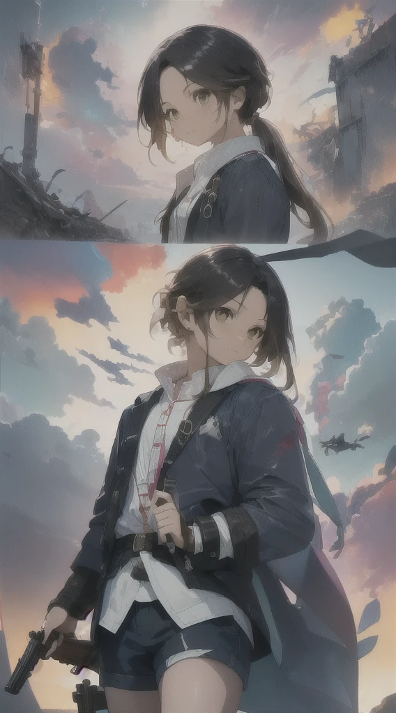 Highest quality, movie quality, scene on the verge of death, ruins, smoking, blood, coat, man (35 years old, tsuntsun head, black hair, coat in a suit, holding a gun in hand, lying on back), rain, fog