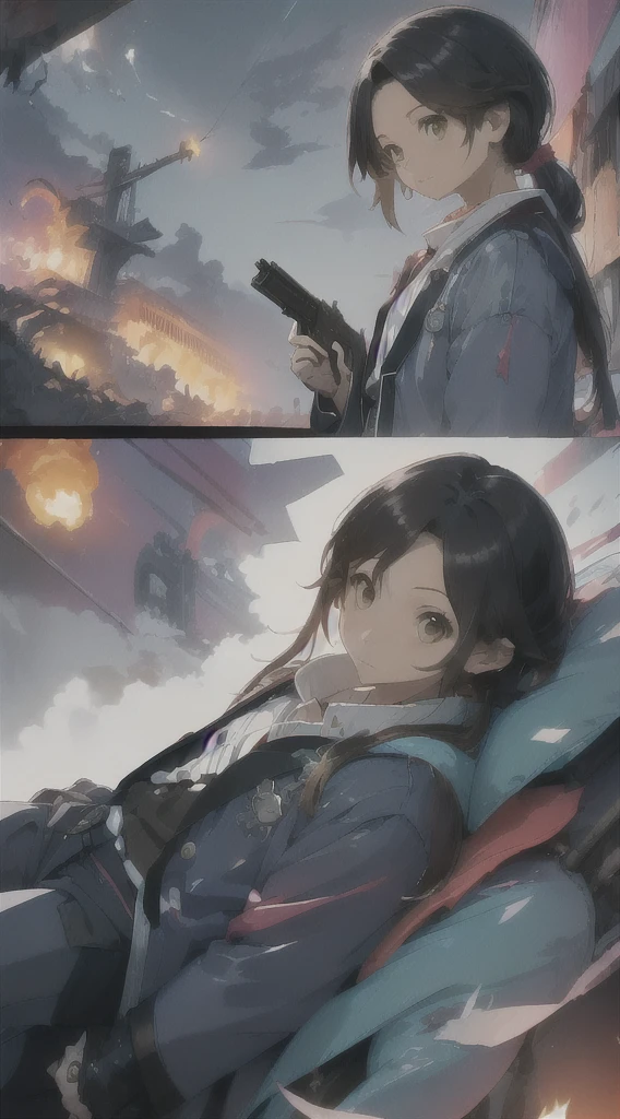 Highest quality, movie quality, scene on the verge of death, ruins, smoking, blood, coat, man (35 years old, tsuntsun head, black hair, coat in a suit, holding a gun in hand, lying on back), rain, fog