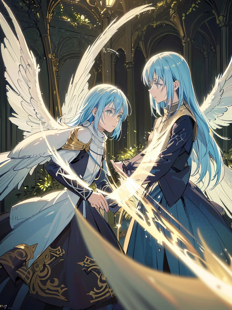 (Rimuru Tempest,Raphael,winged,flying in the air,fantasy,digital art,cinematic lighting,highly detailed,intricate details,dramatic lighting,atmospheric,cinematic composition,epic scale,dramatic pose,expressive eyes,beautiful detailed face,beautiful lips,delicate facial features,soft glowing light,vibrant colors,dynamic movement,ultra-detailed,photo-realistic)