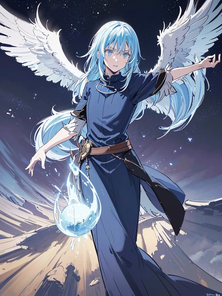 (Rimuru Tempest,Raphael,winged,flying in the air,fantasy,digital art,cinematic lighting,highly detailed,intricate details,dramatic lighting,atmospheric,cinematic composition,epic scale,dramatic pose,expressive eyes,beautiful detailed face,beautiful lips,delicate facial features,soft glowing light,vibrant colors,dynamic movement,ultra-detailed,photo-realistic)