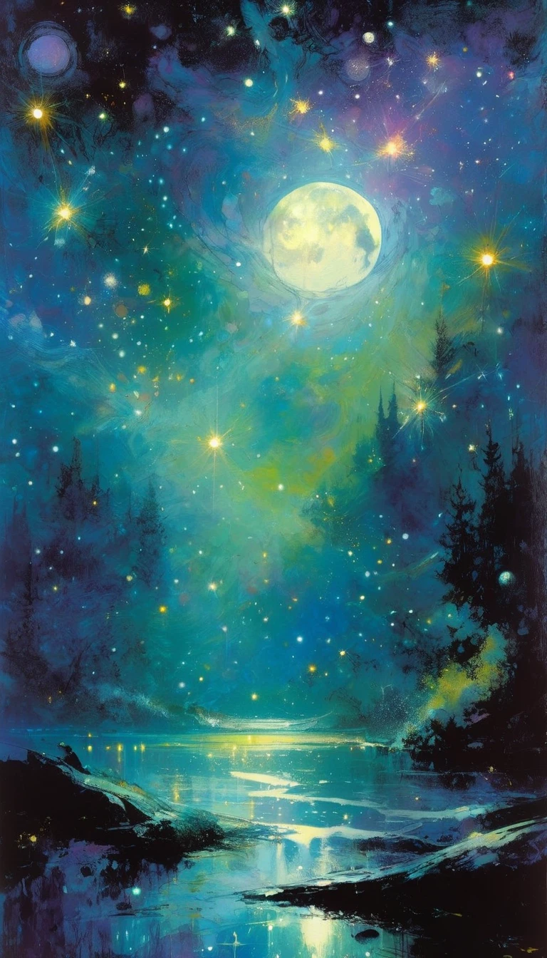 magic, fantastic, night sky, moons, stars, background, (art inspired in Bill Sienkiewicz). oil painting)