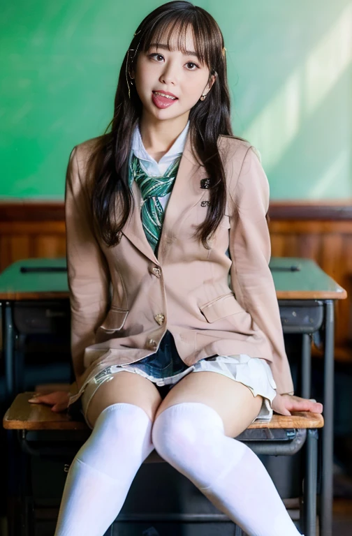 (((8K, Highest quality, masterpiece: 2.0))), (((Realistic, photoRealistic: 1.8))), (((I can see your pants))), (((Ahegao))), ahegao, (((Tongue out))), (((Cross-eyed))), (((日本のhigh school girl))), ((Dark green checked mini skirt)), (((Brown blazer))), high school girl, With legs apart, (((whole body))), ((しゃがんだwhole body)), Stand firm, Panty flashing, An inviting smile, (((A mocking smile))), Like peeking, (((Staring at the viewer))), Pink Ribbon Tie, Thighs, (((みずみずしいThighsと脹脛))), loafers, White socks, An inviting smile, Peek into it, (((Detailed face、Eye、mouth))), Cute face, (((Ruffled socks))), loafersを履いた, (((Alone in the classroom))), High School Uniform, (((Light brown blazer))), ((現実のhigh school girl))), after school, Light brown blazer, I can see your pants,