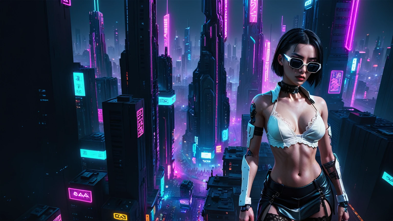 (((1woman, solo))), rainbow light, 3d neon art of a woman's body, cyberpunk femme fatale, seductive cyberpunk dark fantasy, cyberpunk 20 y. o large-breast:1.1 model girl, (((with black miniskirt and white lace panty, with matrix style black micro sunglasses))), oppai cyberpunk, banner, high definition cgsociety, cgsociety masterpiece, trending on cgstation, kda, (((((aerial view))))) image of neon-noir cyberpunk city in the background.