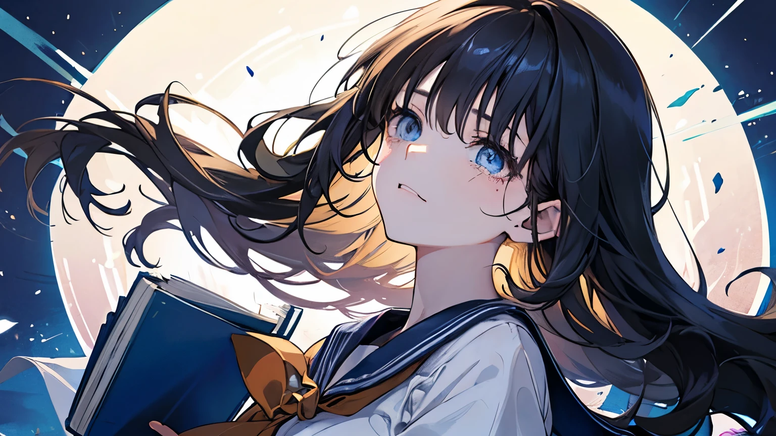 Right facing Slightly upward Tears flow down Wear a sailor uniform beautiful girl holding a book in hand