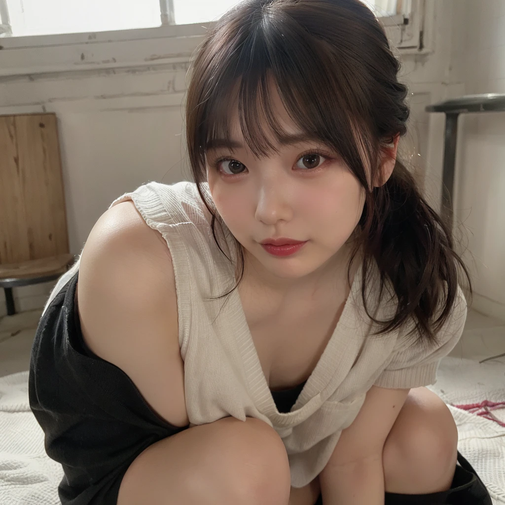 {best quality}, {very aesthetic}, {ultra-detailed}, {best illustration}, nsfw, girl, half updo, short hair, black hair, curvy, big breast, sweater, knit, sleeveless, cleavage, turtleneck, pantie, sex, pussy, squat, open legs, man, penis, classroom