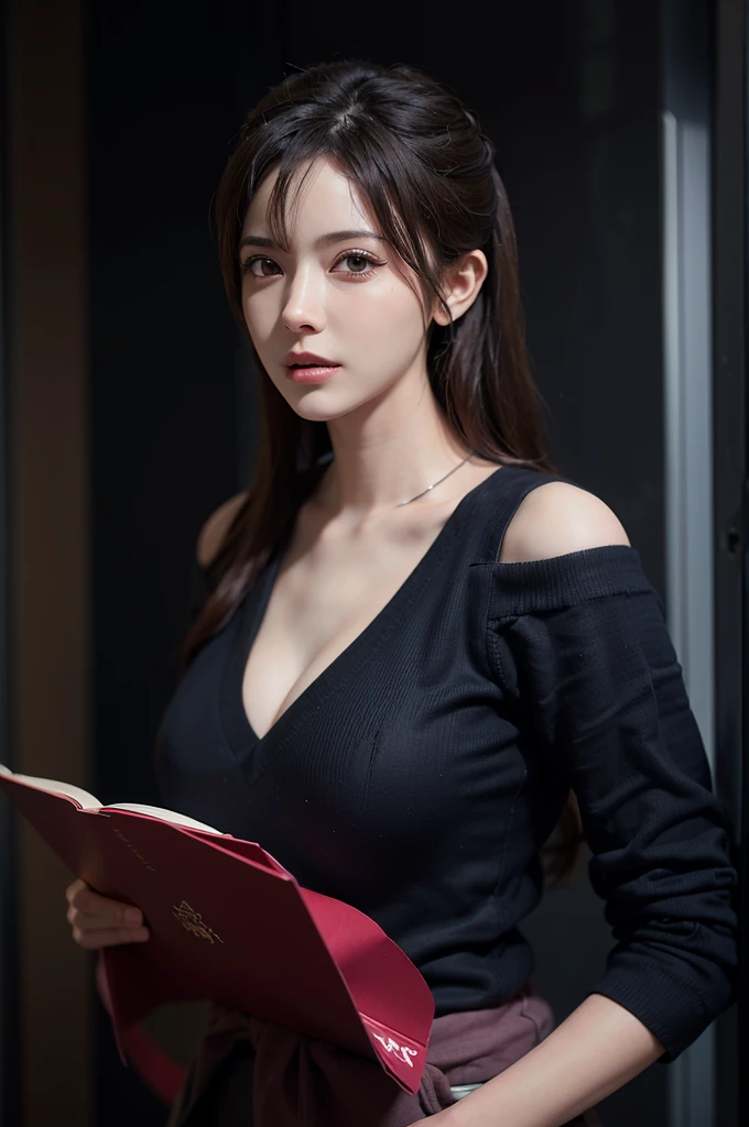 Fantasy art, photorealism, dynamic lighting, artstation, poster, volumetric lighting, very detailed faces, (official uniform: 1.4), long hair, sweater, delicate collarbone, bare shoulders, full breasts