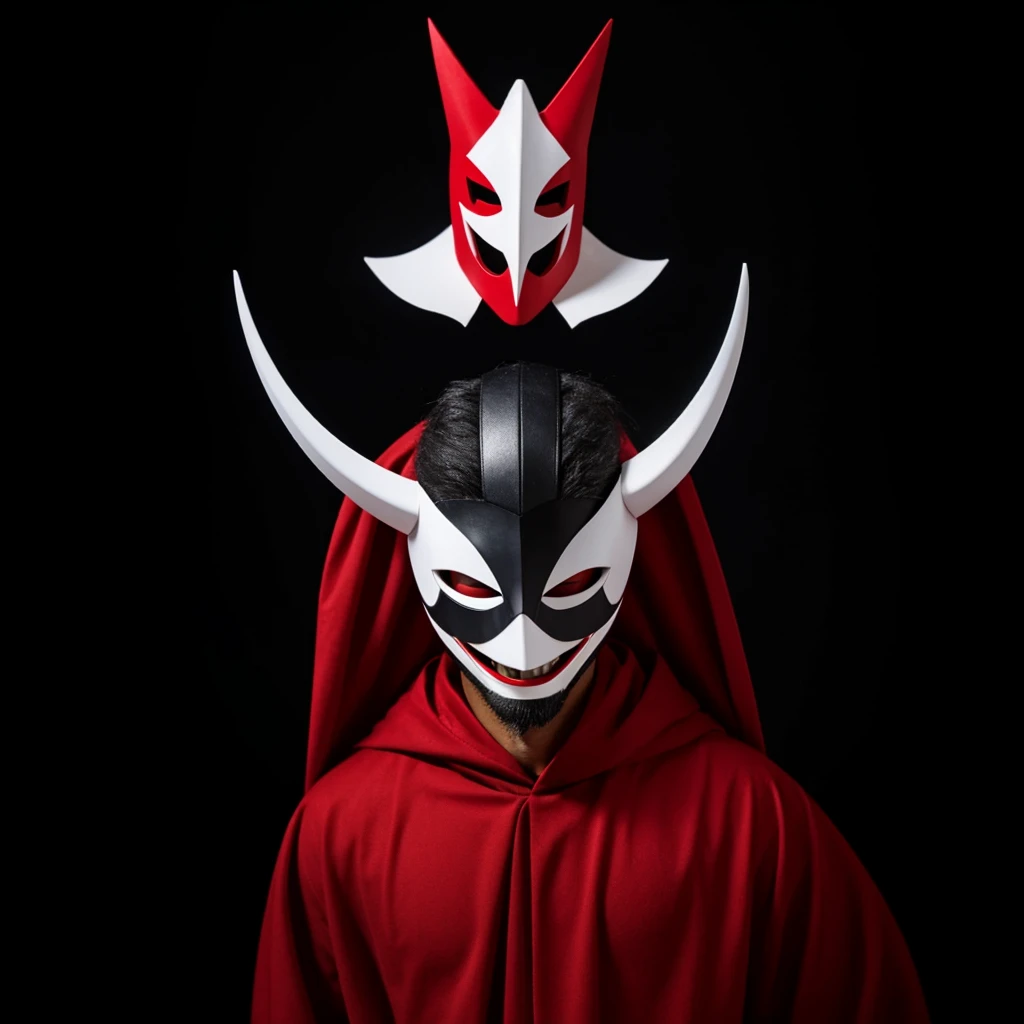 A red and black jester in a white minimalist mask with two red cuts on his eyes and an open mouth smiling, posing with your arms slightly up 