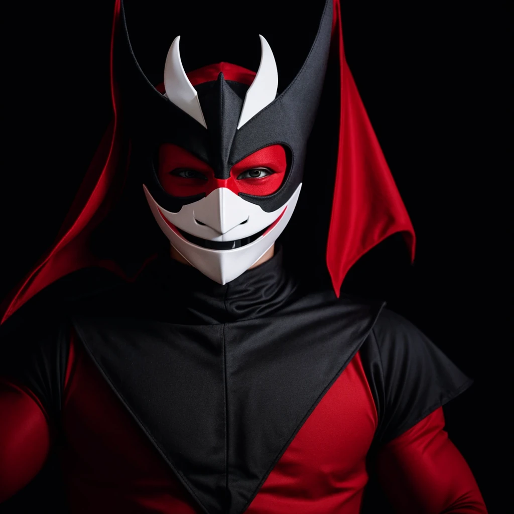 A red and black jester in a white minimalist mask with two red cuts on his eyes and an open mouth smiling, posing with your arms slightly up