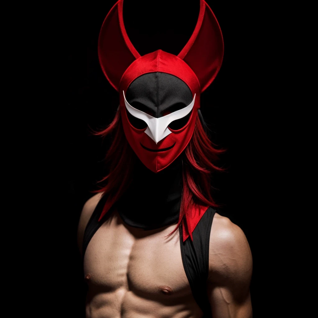 A red and black jester in a white minimalist mask with two red cuts on his eyes and an open mouth smiling, posing with your arms slightly up 
