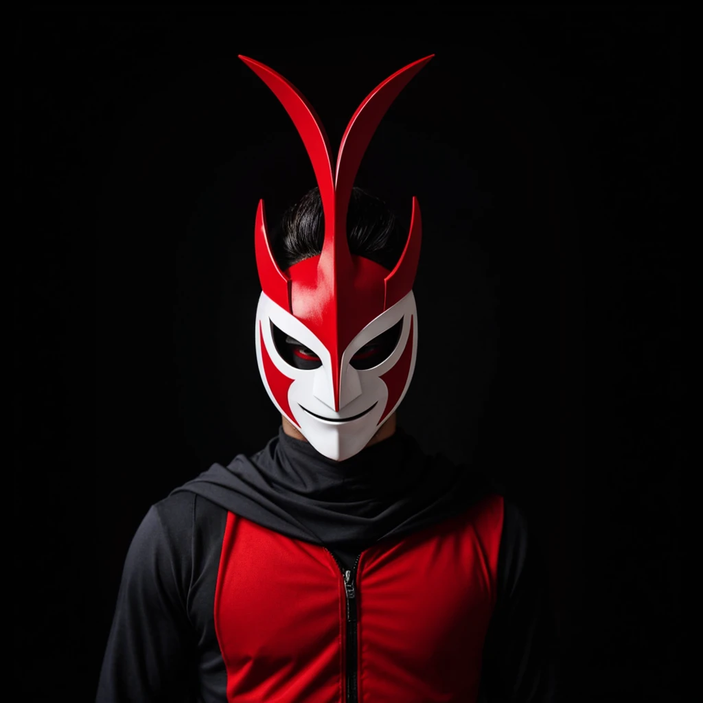 A red and black jester in a white minimalist mask with two red cuts on his eyes and an open mouth smiling, posing with your arms slightly up