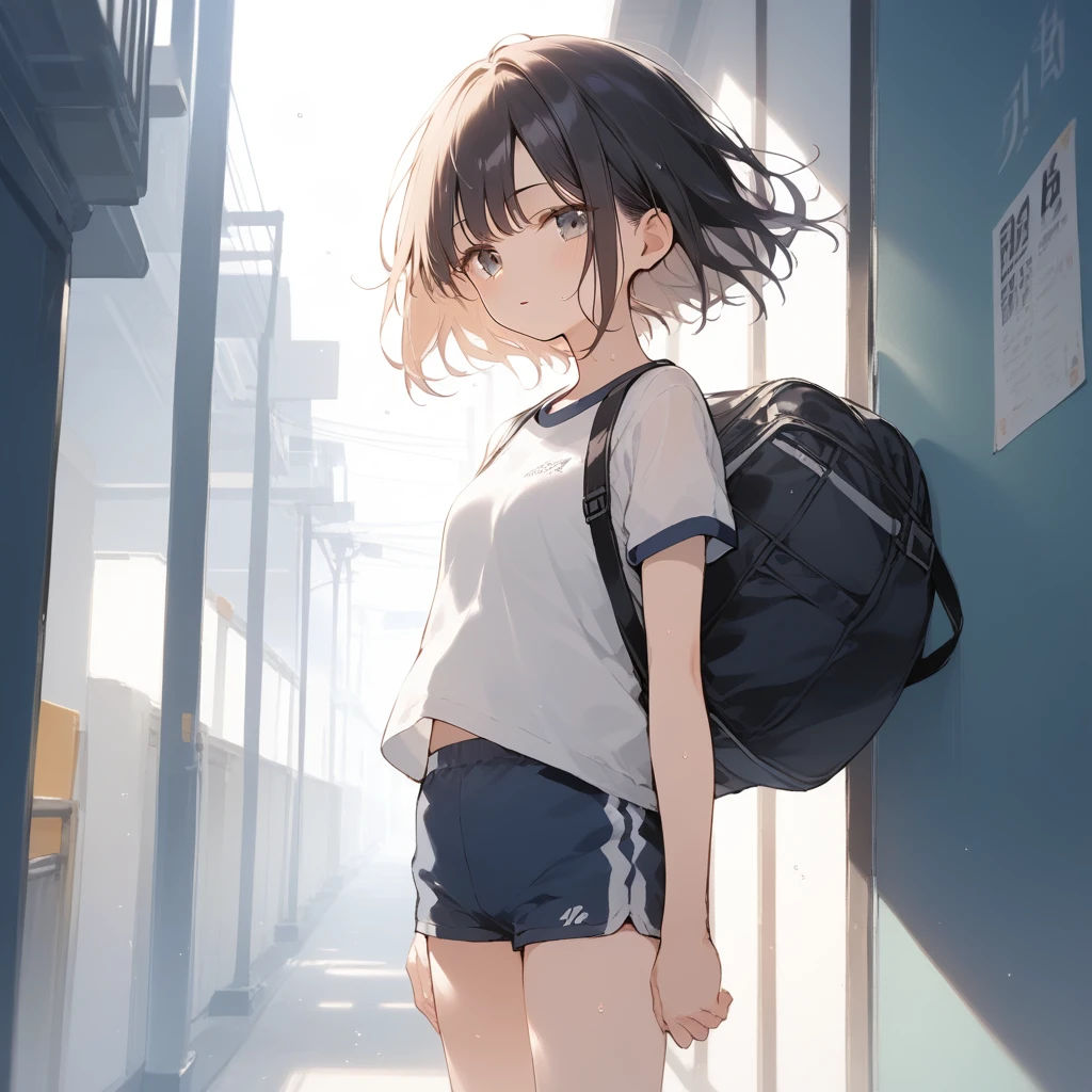 score_9, score_8_up, score_7_up, source_anime, best quality, masterpiece, official art, absurdres, highres, ultra-detailed,waifu2x,Collection: Slice of Life,break,1girl, 15-year-old, short hair, black hair, small breasts, beautiful detailed face, beautiful detailed eyes, well-proportioned iris and pupils, parted lips, beautiful detailed lips, gym uniform, byke shorts, sweat, expressionless, sleepily, School commute route, outdoors, wind, break,(clear line illustration:1.2),very high resolution, very aesthetic, super detailed skin, Best cinematic lighting powered by famous artist, 8k, beauty illustration,photoshop_(medium),,(Detailed Lighting),best anime 8k konachan wallpaper, pixiv contest winner, 