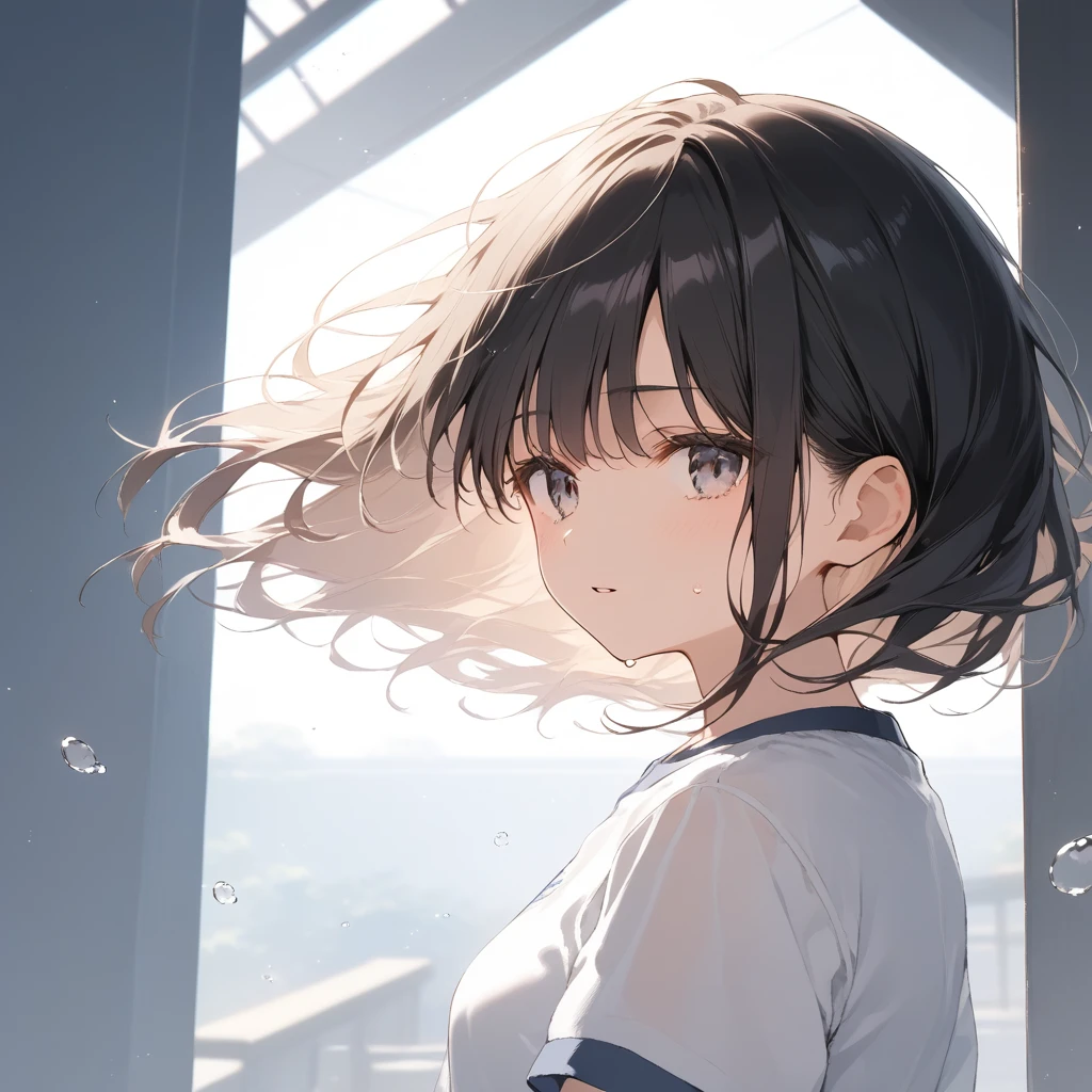 score_9, score_8_up, score_7_up, source_anime, best quality, masterpiece, official art, absurdres, highres, ultra-detailed,waifu2x,Collection: Slice of Life,break,1girl, 15-year-old, short hair, black hair, small breasts, beautiful detailed face, beautiful detailed eyes, well-proportioned iris and pupils, parted lips, beautiful detailed lips, gym uniform, byke shorts, sweat, expressionless, sleepily, School commute route, outdoors, wind, break,(clear line illustration:1.2),very high resolution, very aesthetic, super detailed skin, Best cinematic lighting powered by famous artist, 8k, beauty illustration,photoshop_(medium),,(Detailed Lighting),best anime 8k konachan wallpaper, pixiv contest winner,