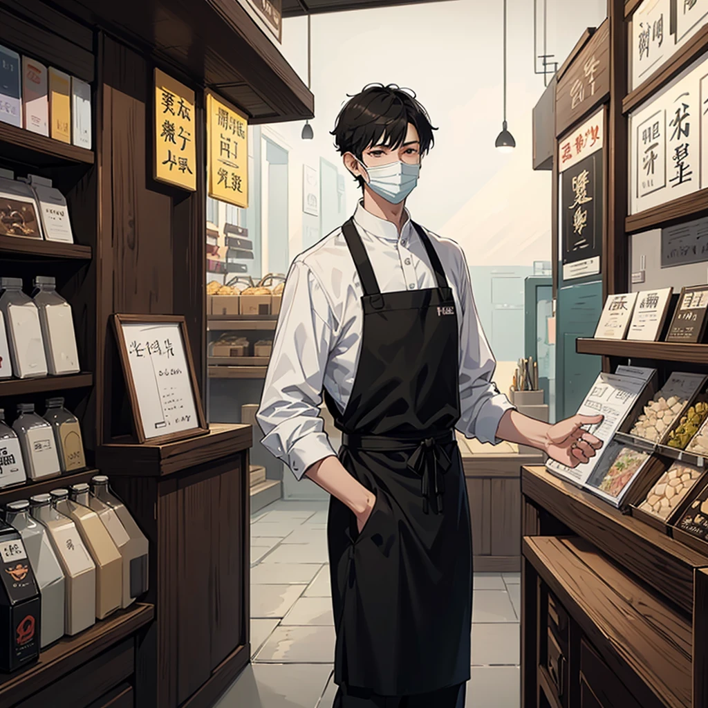 A tall boy with short black hair that wear a white university shirt under black apron and wear a black mask standing in front of chinese soy milk store.