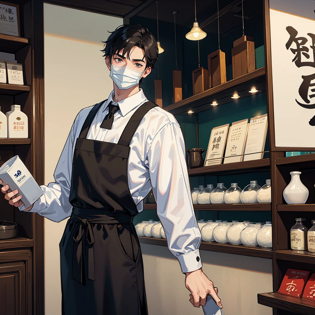 A tall boy with short black hair that wear a white university shirt under black apron and wear a black mask standing in front of chinese soy milk store.