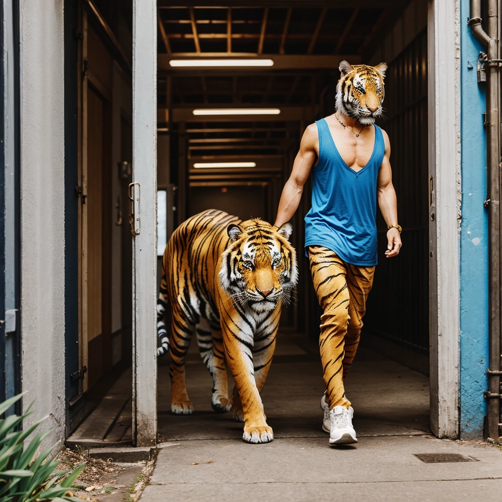 Blue and gold tiger walking 