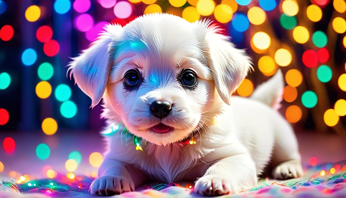 A WHITE CUTE PUPPY IN COLORFUL LIGHTS