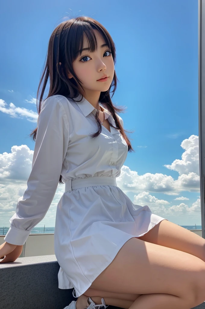 Anime girl looking at sky from the down right corner