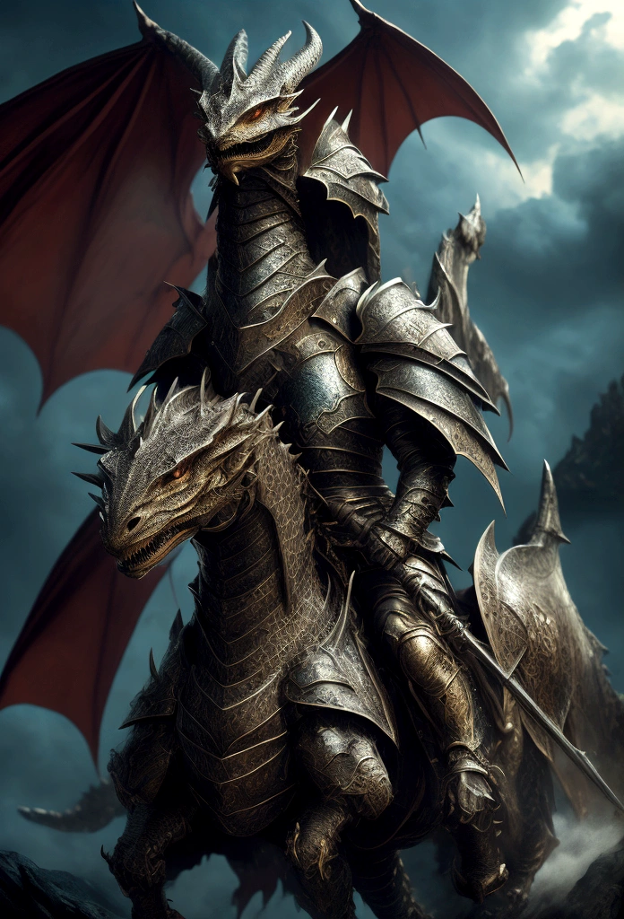a knight in armor riding on a dragon, holding a spear, detailed realistic portrait, stunning color palette, dramatic chiaroscuro lighting, intricate textures, 8k, highly detailed, masterpiece, dramatic fantasy art, cinematic composition, epic fantasy scene, photorealistic, award-winning digital art, dramatic clouds, dramatic lighting, moody atmosphere, intense colors, dynamic pose, muscular build, determined expression, piercing eyes, sharp facial features, gleaming armor, powerful dragon, intimidating presence, grand scale, cinematic framing