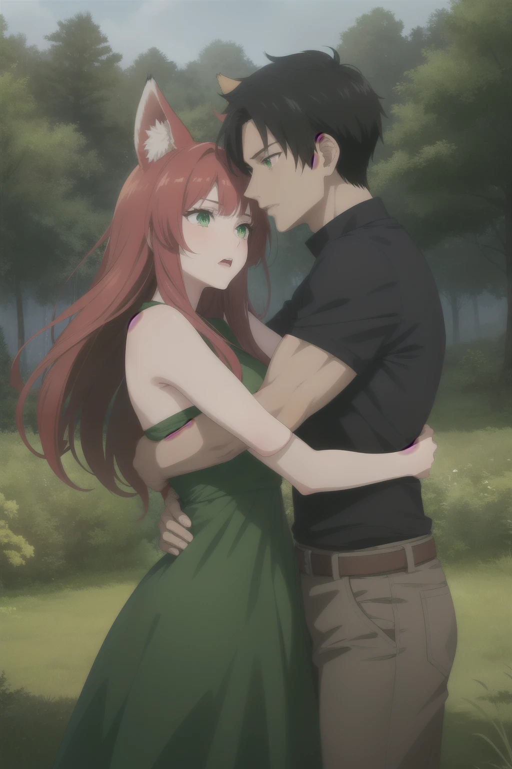 Female 25 years old. A fox girl with green eyes, fox ears, red hair. She is wearing a green dress. She's an herbalist. Male 25 years old. Guy with black hair, grey eyes. girl look at man. they hugs. Attack on titans style. forest on the background, high quality