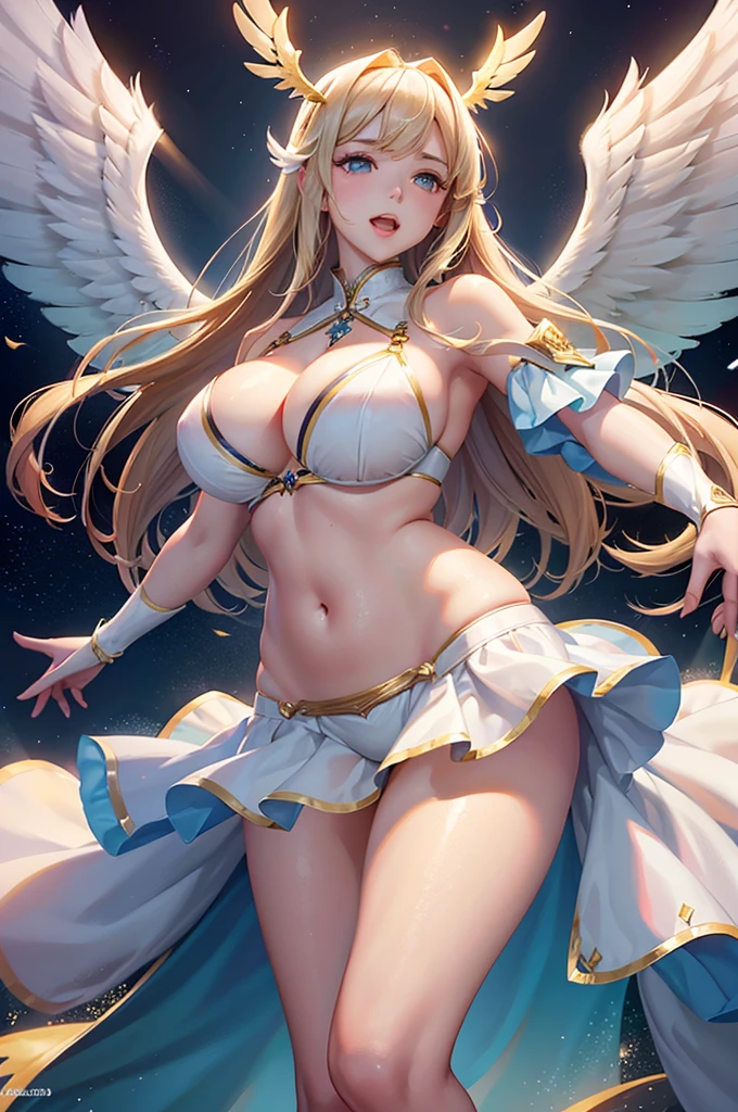 最high quality, high quality, 8K、High resolution,Highest quality、solo、A plump adult woman in a white bikini with wings on her chest viewed from below,Blonde hair and blue eyes、Thighs、Open Mouth Smile、super Wide Angel, belly button、Anime Goddess, Majestic angel all over the body, Wide Angel, Highly detailed art gems, Spectacular angles and poses, Beautiful angel, Stunning Goddess Shots, chic, Angela White, Adult female angel, Beautiful and attractive anime woman, Angel Knight Girl, She has angel wings on her back