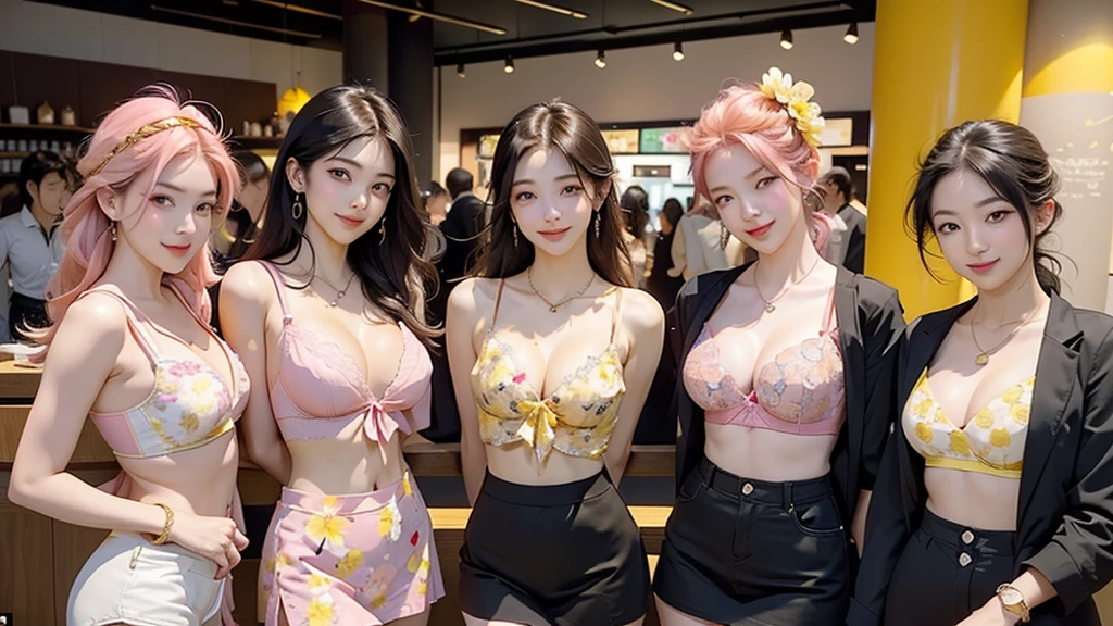Inside the Starbucks store、24-year-old office lady in a miniskirt suit、Eat cake、Drink coffee、smile、Heart Necklace、Gold bracelet
((Emphasize cleavage))
(((A pink and yellow floral bra is visible.)))
((((Dark eye makeup))))