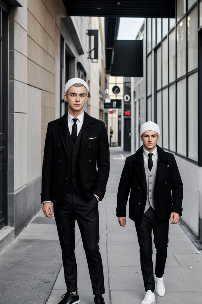 a guy 1m8 tall and 19 years old with white hair and black eyes and wearing a woolen cap, black jacket and black tie and black pants and white shoes and handsome