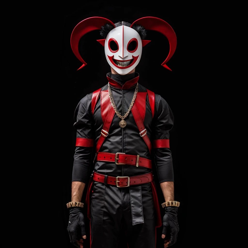 A red and black jester in a white minimalist mask with two red cuts on his eyes and an open mouth smiling, posing with your arms slightly up