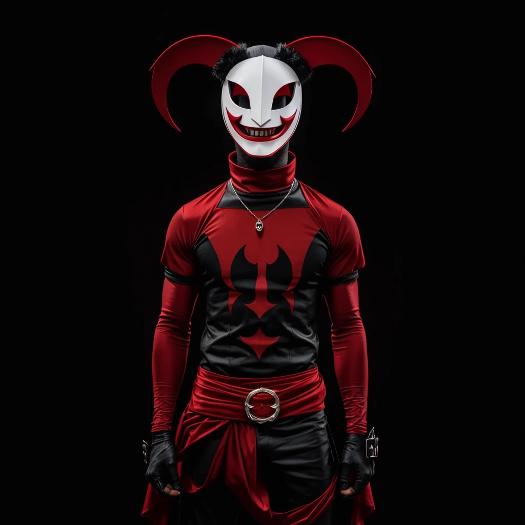 A red and black jester in a white minimalist mask with two red cuts on his eyes and an open mouth smiling, posing with your arms slightly up