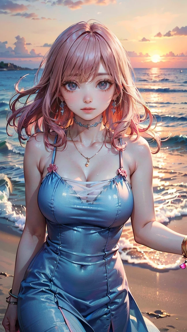 (Masterpiece, BestQuality:1.3), (ultra detailed:1.2), (hyperrealistic:1.3), (RAW photo:1.2), High detail RAW color photo, professional photograph, (Photorealistic:1.4), (realistic:1.4), professional lighting, perfect anatomy, (Big Breasts:1.2), (blush, detailed face), (cheerful Smile:1.5), Trending Hair&Trending Hairカラーをランダムに, earrings, necklace, bracelet, sexly, erotic sexly, Random sexy gravure poses, (A woman wearing a light blue summer dress、She is taking a walk on the beach at sunset and posing for sexy photos with a happy smile.。Straight pink hair swaying in the wind。: 1.3)