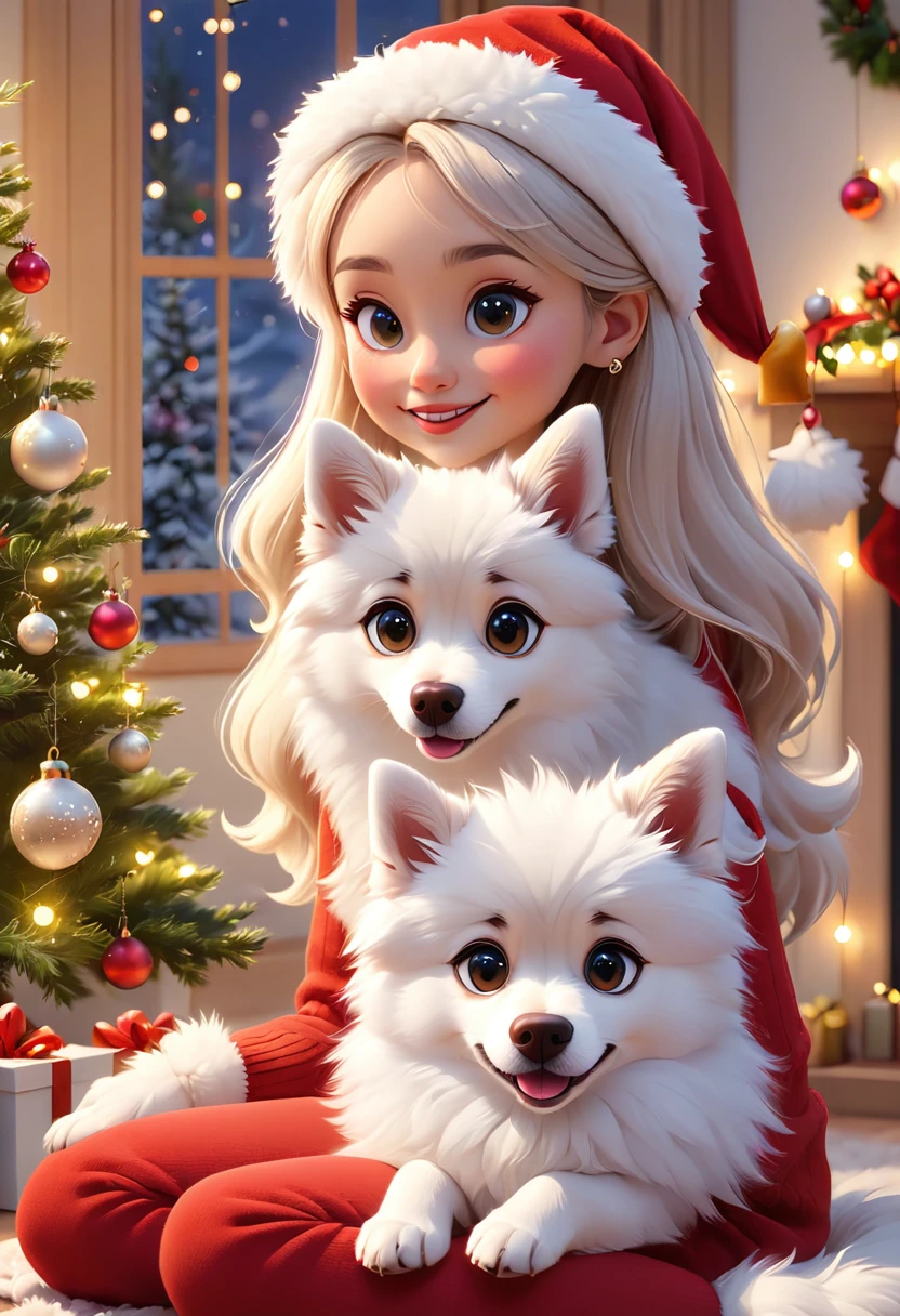 Create an image of a cozy indoor Christmas scene featuring a decorated tree with colorful ornaments and lights, stockings hung up beside it, and a lit miniature Christmas tree. Include an individual in festive attire sitting next to a white dog in front of this holiday backdrop. Girl: She is wearing a festive red top, which adds to the holiday spirit. She has a warm and cheerful expression, reflecting the joy of the Christmas season. Her hair is styled neatly, and she is seated comfortably, enjoying the cozy atmosphere. Dog: The dog is a white, fluffy breed, possibly a small to medium-sized dog. It is sitting calmly beside the girl, adding a touch of warmth and companionship to the scene. The dog looks content and relaxed, perfectly fitting into the festive setting.