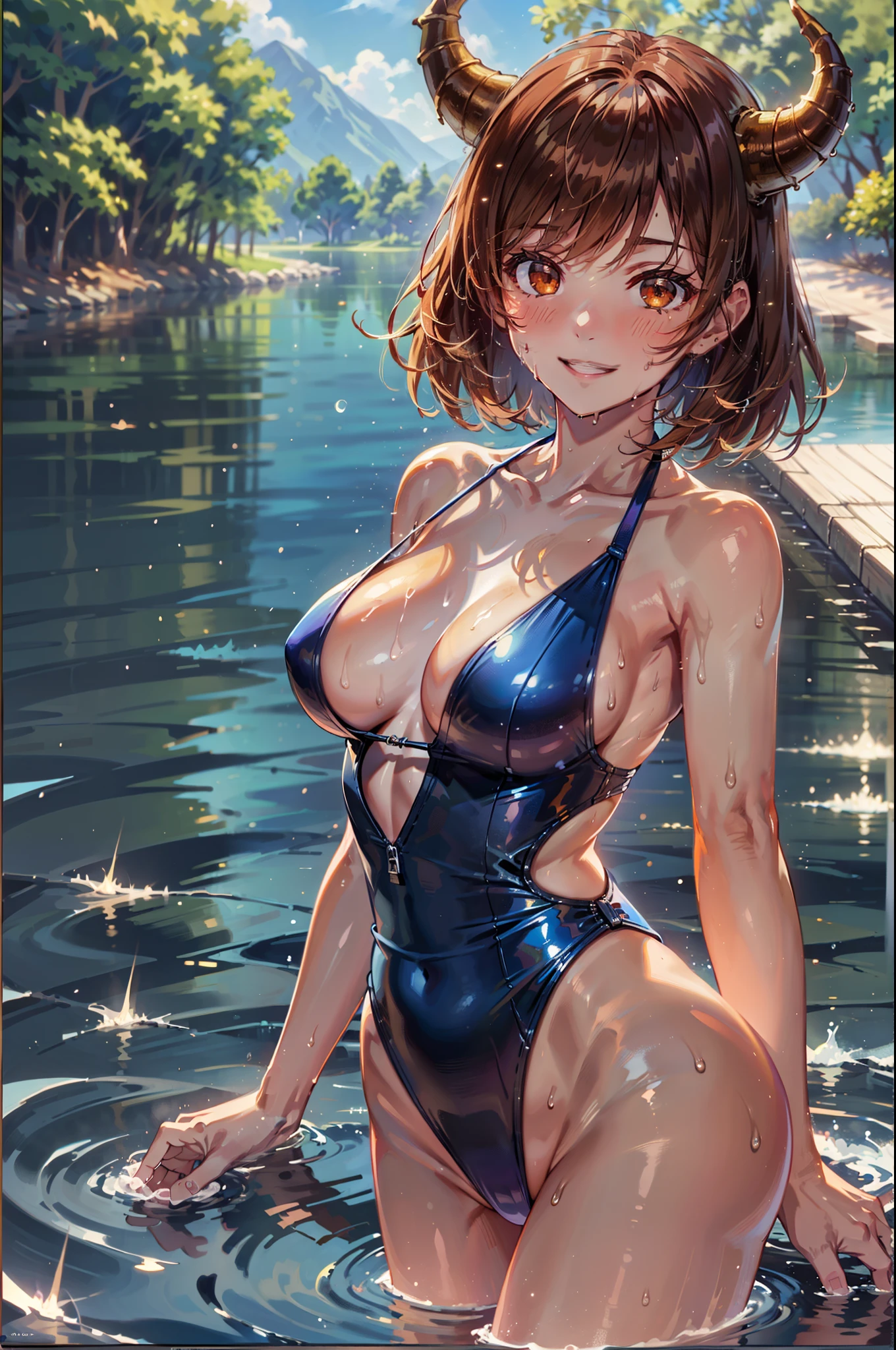 
(masterpiece, best quality:1.2), (1girl, solo), 20years old, upper body, (plunge swimsuit, medium breasts), (brown short hair, brown eyes), smile, demon horns on fire, (Sweat:1.1), gleaming skin, standing in the lake side, (blue sky, sunshine)