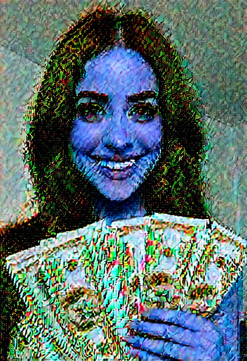 bearded woman beautiful shaggy beard, black hair, brown eyes, eyeliner, proud smile, seductive look, hold a load of dollar bills