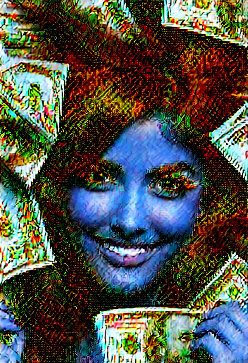 bearded woman beautiful shaggy beard, black hair, brown eyes, eyeliner, proud smile, seductive look, hold a load of dollar bills
