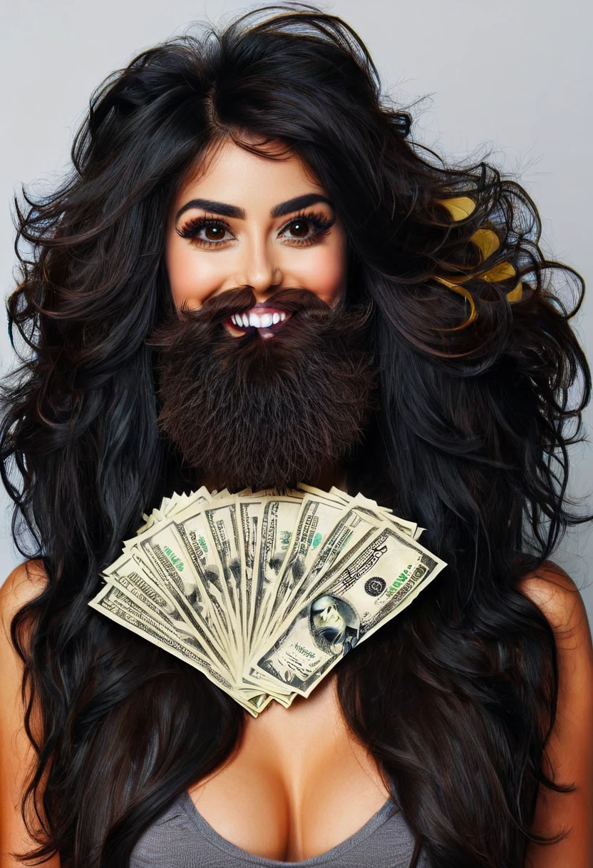 bearded woman beautiful shaggy beard, black hair, brown eyes, eyeliner, proud smile, seductive look, hold a load of dollar bills