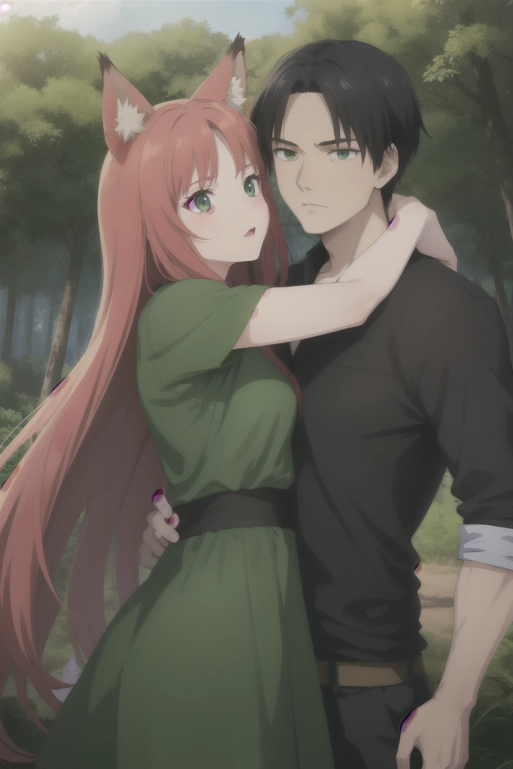 Female 25 years old. A fox girl with green eyes, fox ears, red hair. She is wearing a green dress. She's an herbalist. Male 25 years old. Guy with black hair, grey eyes. girl look at man. they hugs. Attack on titans style. forest on the background, high quality