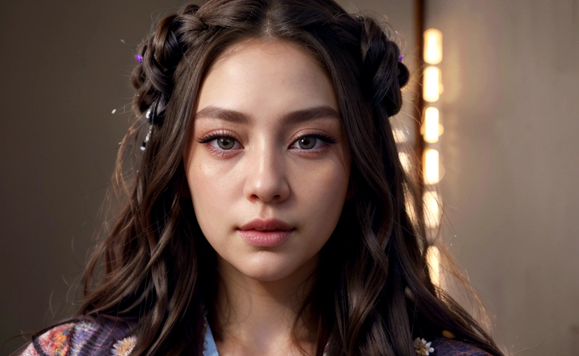 detailed portrait of a woman with long flowing hair wearing a fluffy kimono, beautiful detailed eyes,beautiful detailed lips,extremely detailed eyes and face,longeyelashes, photorealistic, hyperrealistic, cinematic lighting, vibrant colors, intricate details, masterpiece, best quality, 8k, ultra-detailed, realistic, photo-realistic