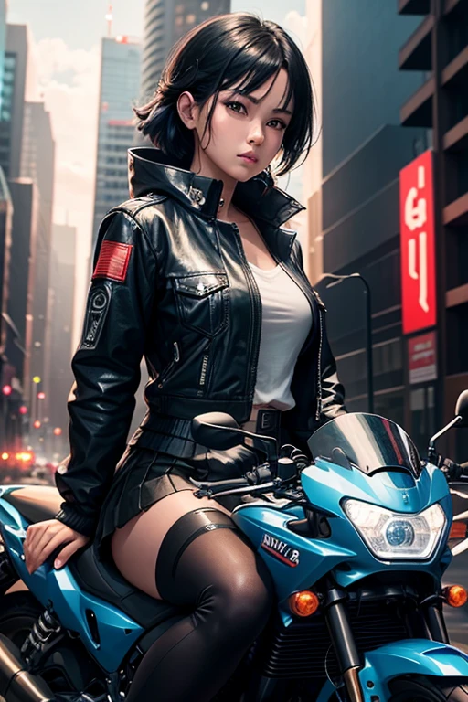 Digital Cyberpunk Art、Highest quality、Ultra-high quality CG Unity 8K、Black Hair Semi-Long、Shiny、Wear a cyberpunk white collared button-up shirt、Wear a cyberpunk navy blue short box pleated skirt、Japanese 、Riding on motorcycle、CBR400Rに乗る、Drive on the highway
