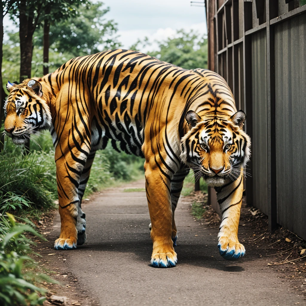 Blue and gold tiger walking 