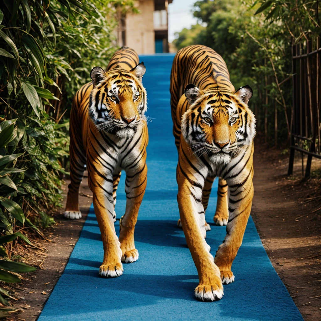 Blue and gold tiger walking