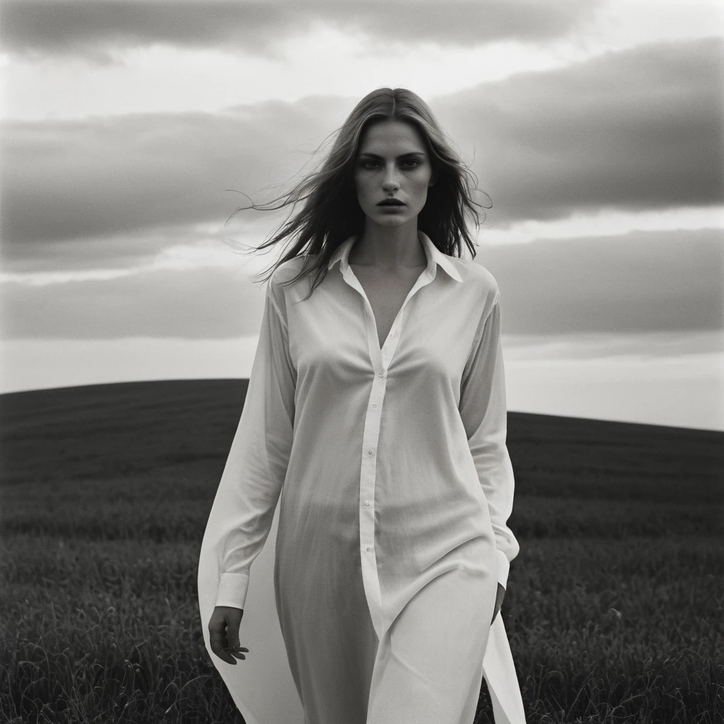 (dark mood masterpiece Photography by Mario Giacomelli:1.2), evil slavic woman, pale skin, long dark blond hair, Stunning b&w 35mm full body photo of a beautiful, perfecteyes, dark circles under eyes, highly detailed skin, (lightest freckles:0.9), standing in a casual pose with her hands on her nipples. wearing (wide-open:1.34) white_silk_shirt. unbuttoned shirt. (nipslip:1.4). a loose-fitting oversized men's unbuttoned shirt, open white business shirt. intricate poses by ruth bernhard. (Photography and style by ruth bernhard). 35mm, Hasselblad. capturing fashion-forward visuals, creating visual impact,evoking emotion,pushing creative boundaries. golden hour, shot from the side, playful pose, god rays,artistic photoshoot